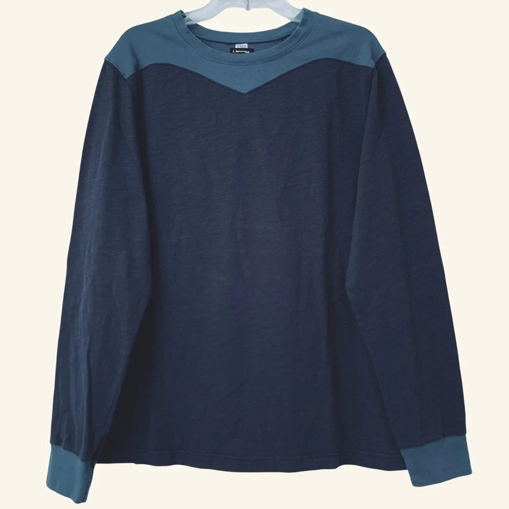 J. Peterman Long Sleeve T-Shirt Men L Blue Two-Tone V-Yoke Crew Neck 100% Cotton